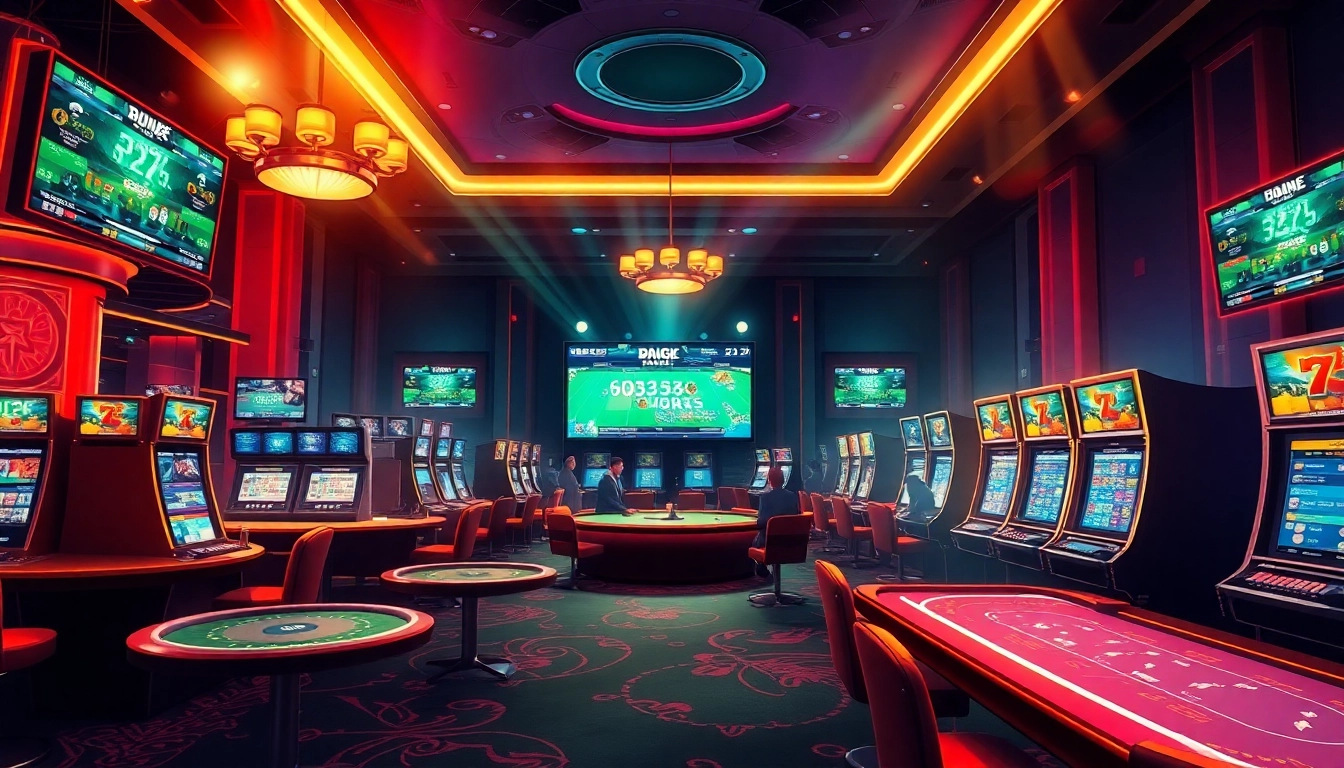 Dynamic casino scene showcasing online gaming excitement at https://jun88pl.com/, featuring poker tables and sports betting screens.