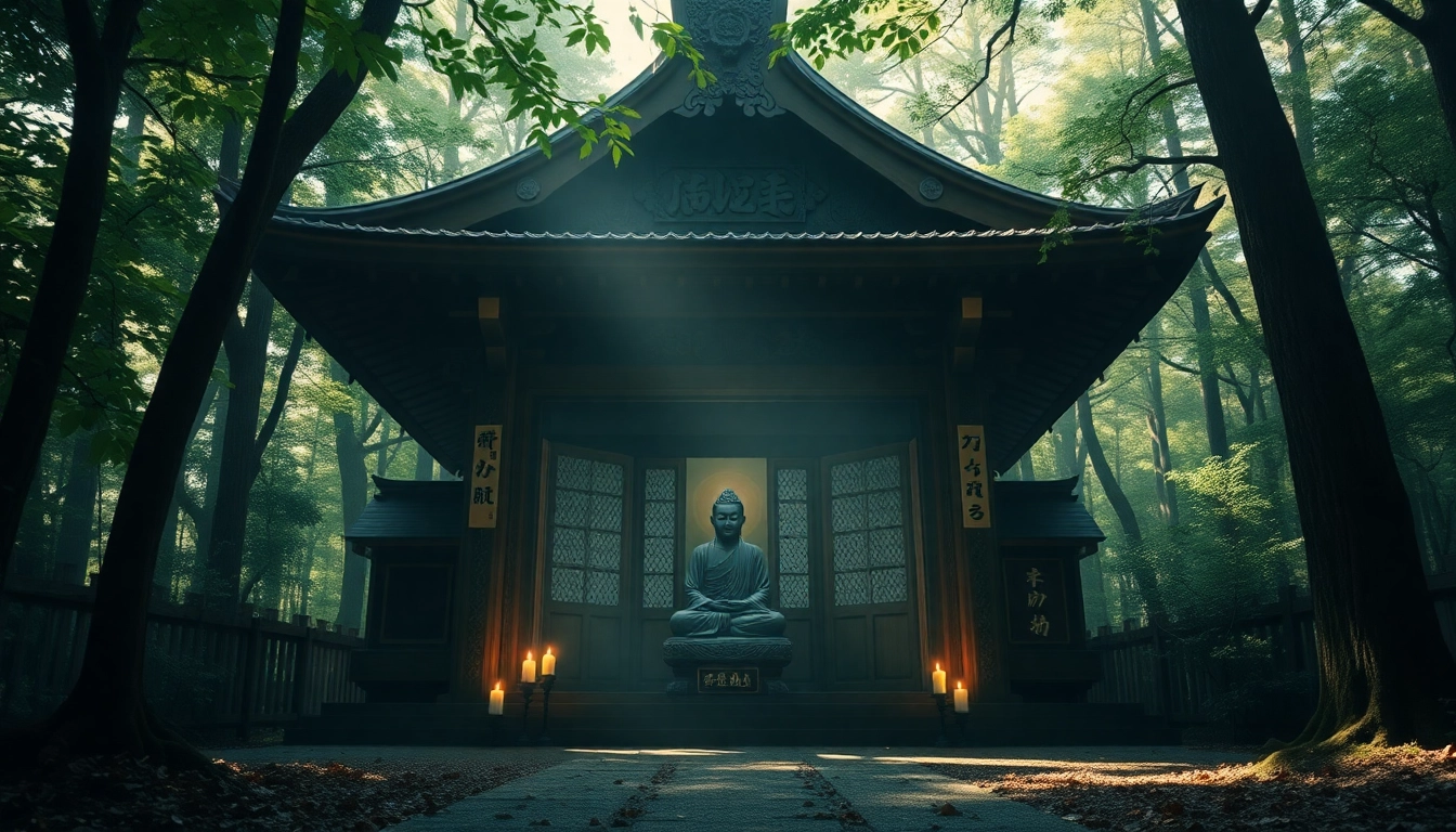 静かな日本の寺院に安置された即身仏像が、精神的な瞑想を体現している。