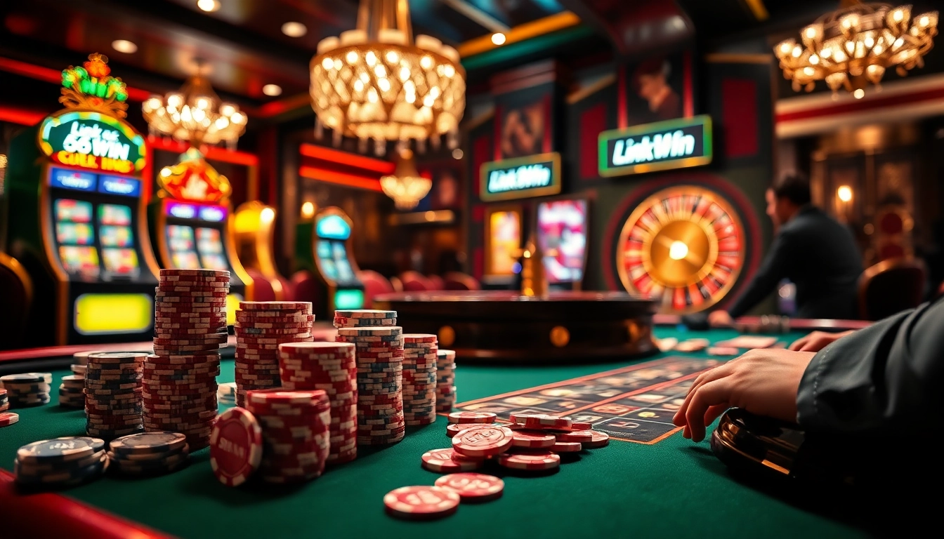 Experience the thrill of Link 56WIN with vibrant casino gaming visuals featuring poker chips and roulette wheels.