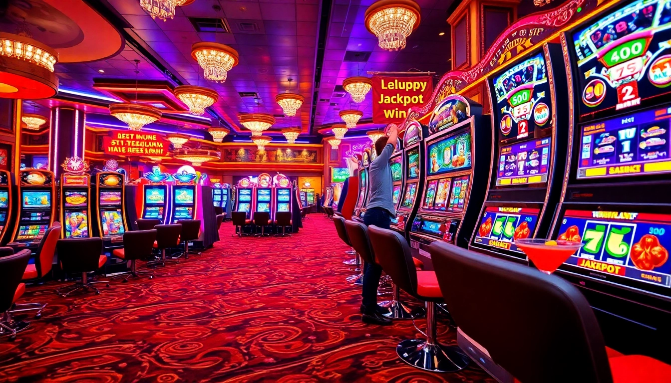Player winning on a SLOT machine in a luxurious casino atmosphere.