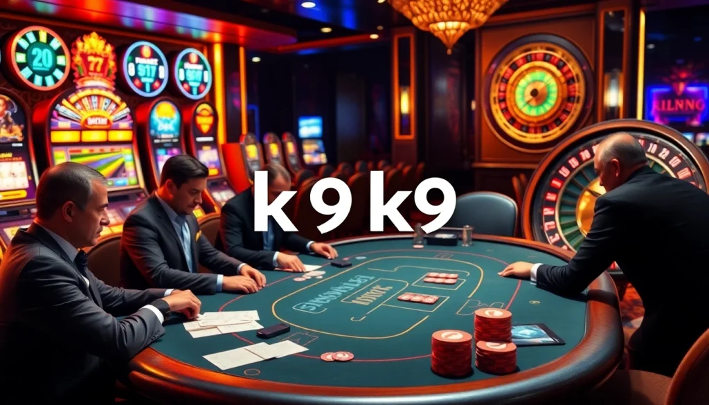 K9K9 casino scene with high-stakes poker players and illuminated slot machines.