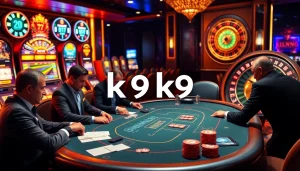 K9K9 casino scene with high-stakes poker players and illuminated slot machines.