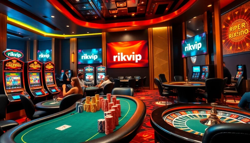 Players enjoying lively games at a luxurious rikvip casino, featuring poker tables and slot machines.