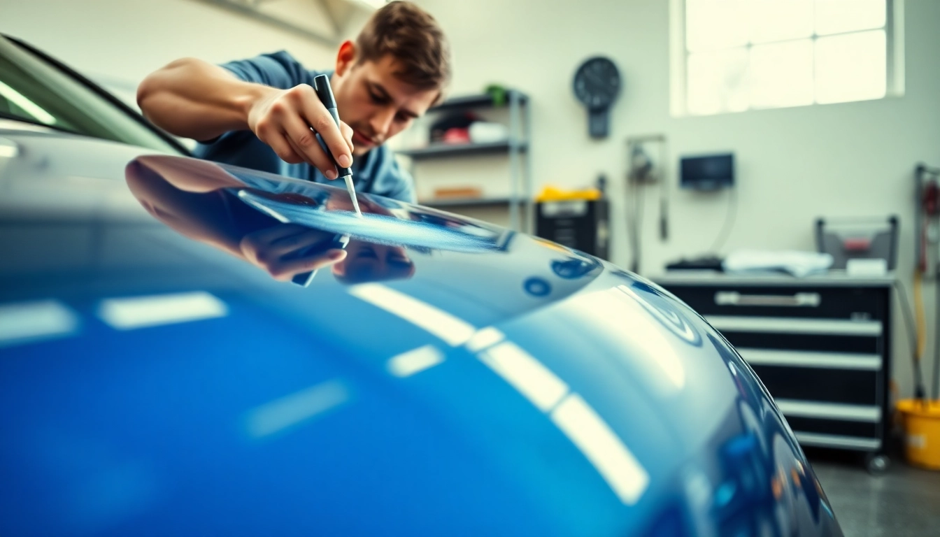 Applying ceramic coating Chattanooga for a flawless car finish in a well-lit garage.