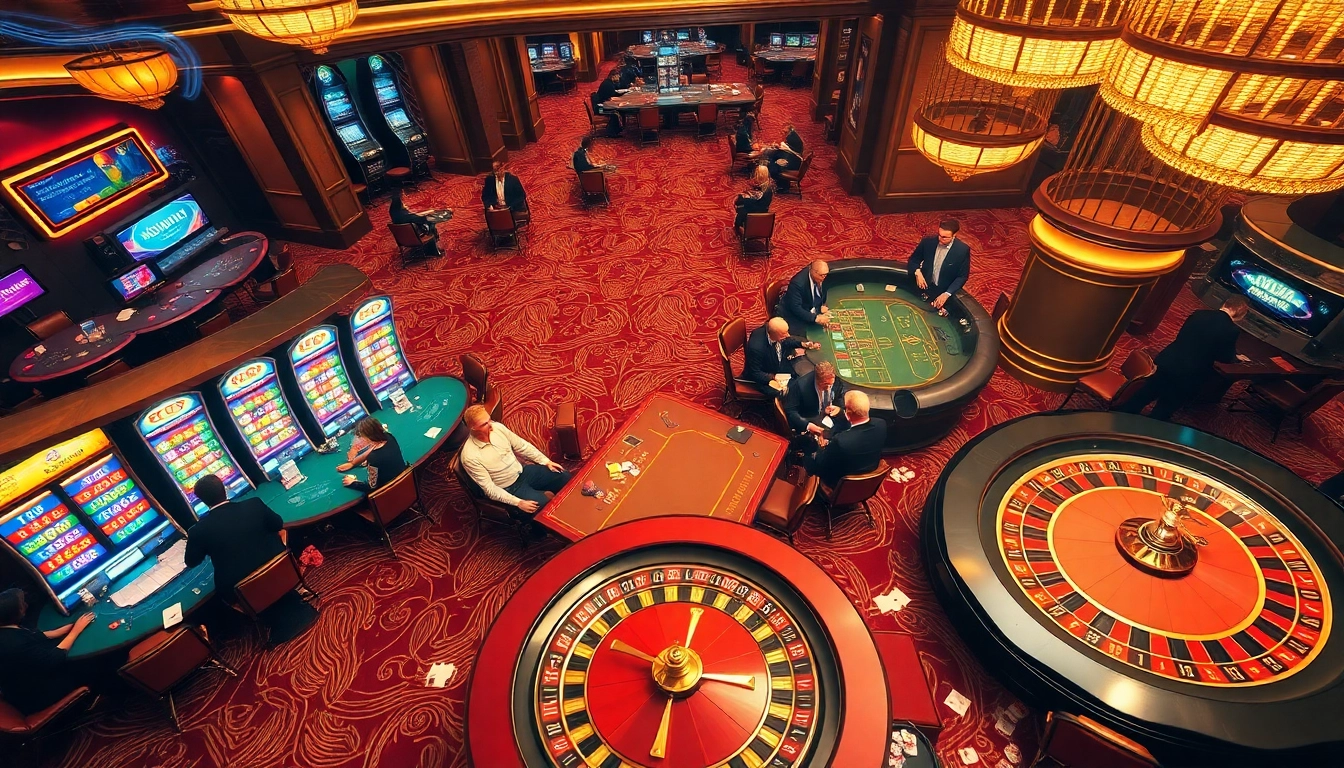 NOHU90 interactive gaming experience featuring engaging casino tables, dynamic slot machines, and excited gamblers.