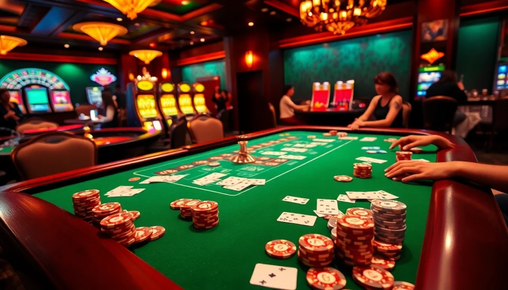 Experience the exciting atmosphere of online gambling at https://ok88.tech/ with luxurious casino tables and vibrant games.