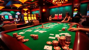 Experience the exciting atmosphere of online gambling at https://ok88.tech/ with luxurious casino tables and vibrant games.