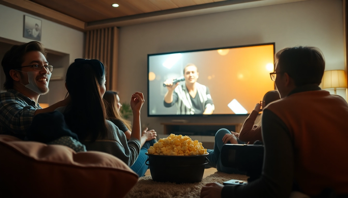 Friends enjoying a movie night with zonafilm, surrounded by cozy decor.