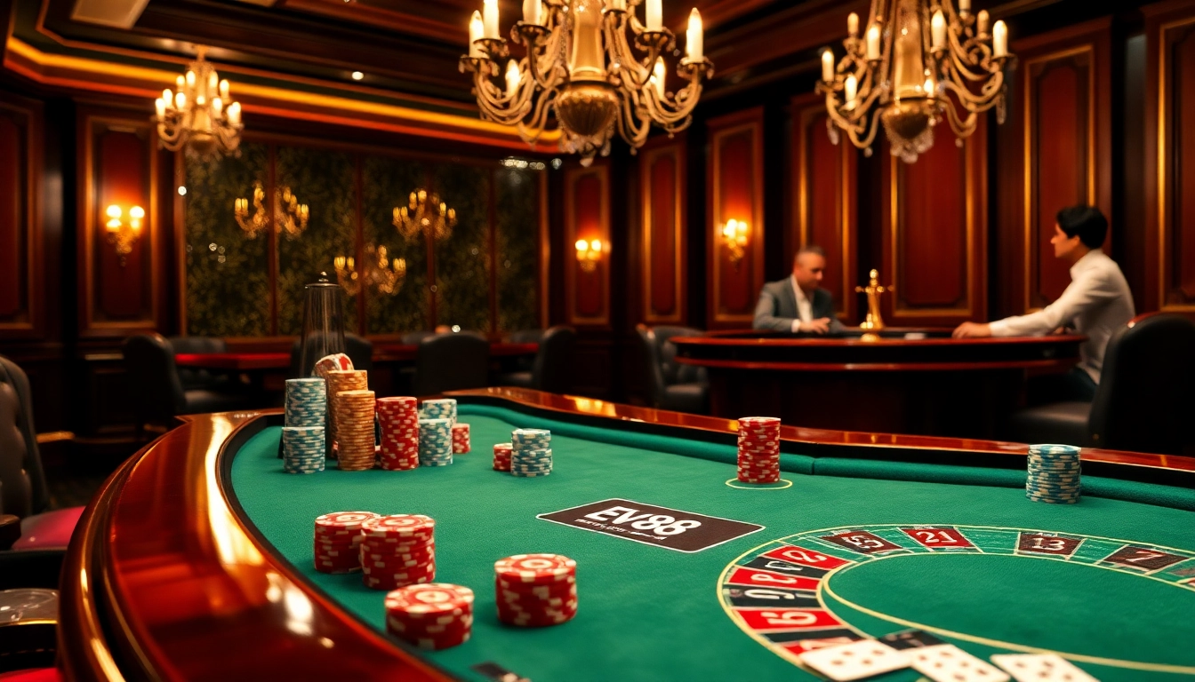 Experience the thrill of Ev88 gaming at an elegant poker table surrounded by vibrant chips and a roulette wheel.