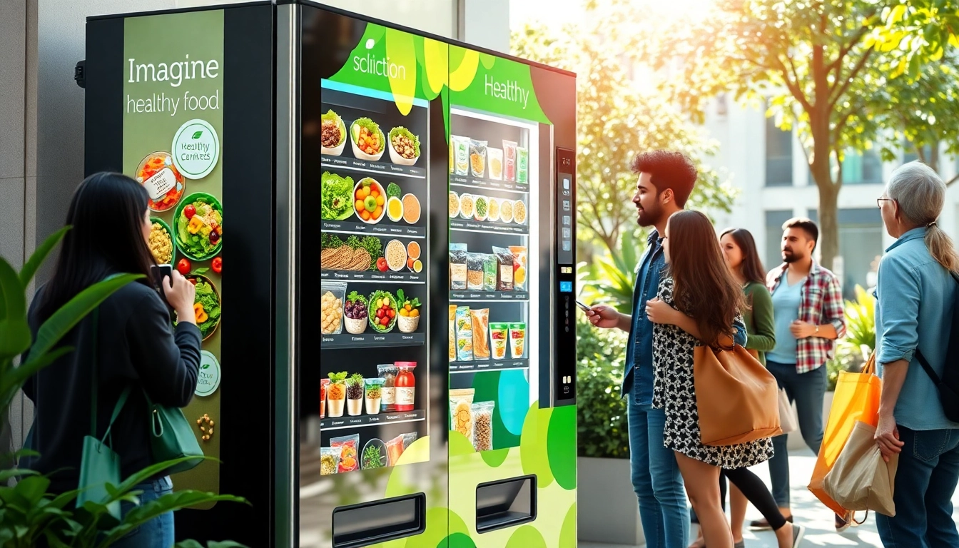 Healthy food vending machine offering fresh salads and snacks in a vibrant urban setting.