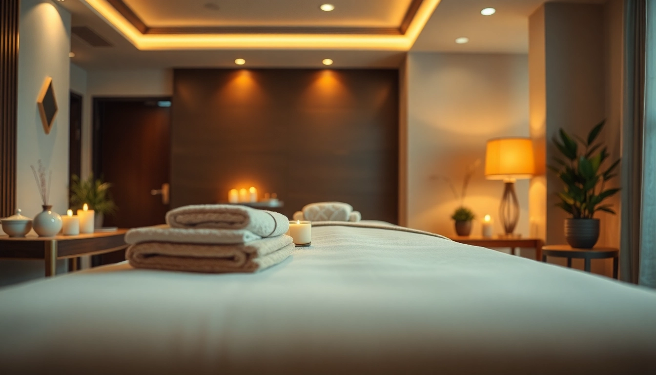 출장마사지 service setup in an upscale hotel room with calming ambiance and luxury elements.