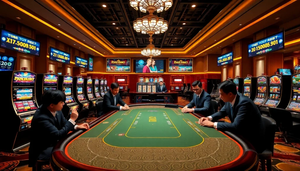 Engaging gaming scene from nhà cái tobet88 with poker table and exciting slot machines.