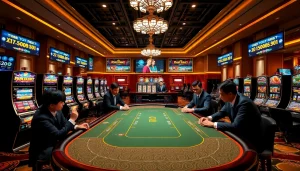 Engaging gaming scene from nhà cái tobet88 with poker table and exciting slot machines.