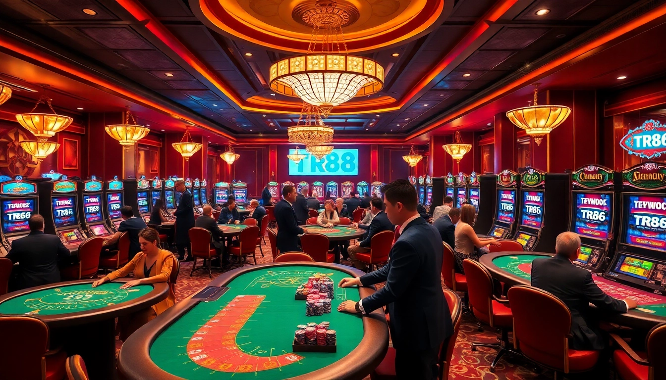 Gamblers enjoying high-stakes gaming at a luxurious casino featuring TR88 tables and vibrant slot machines.