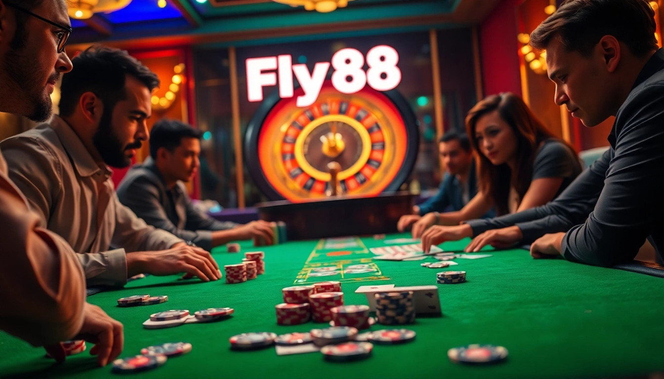 Experience the thrill of Fly88 with vibrant casino tables filled with poker chips and playing cards.