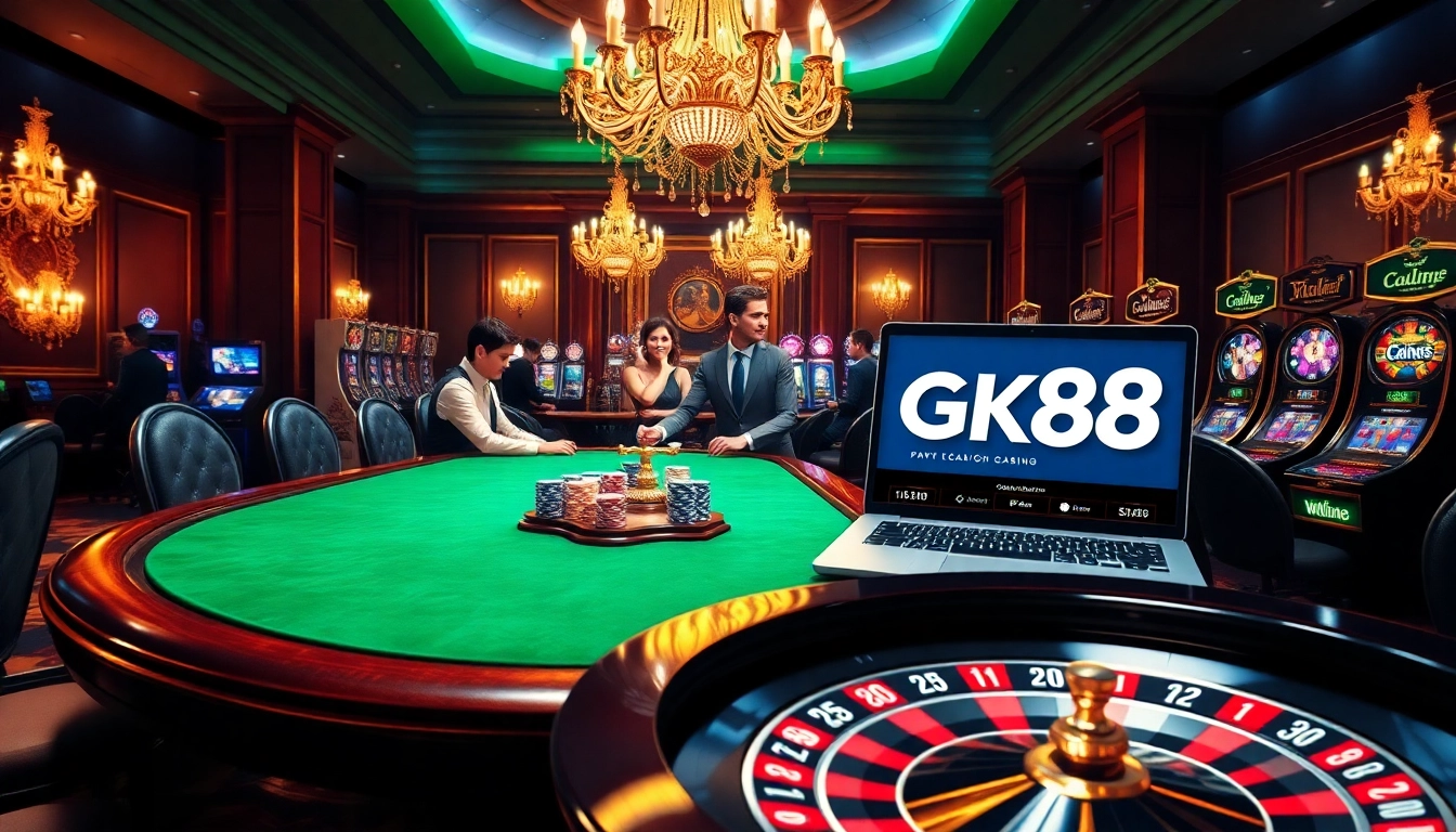 Experience gk88 đăng nhập at a luxurious casino featuring poker tables and slot machines.