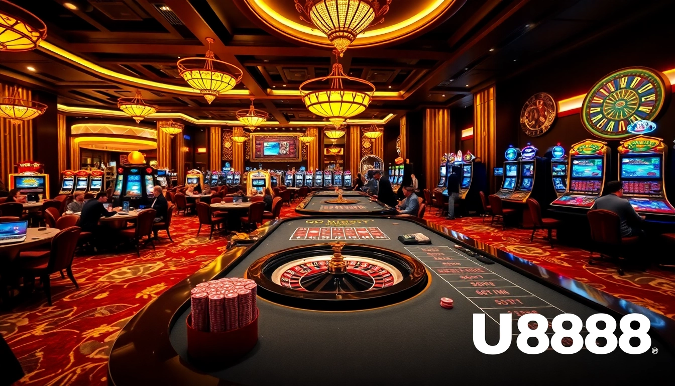 Experience the thrill of U888 gaming with vibrant tables, slot machines, and lively players.