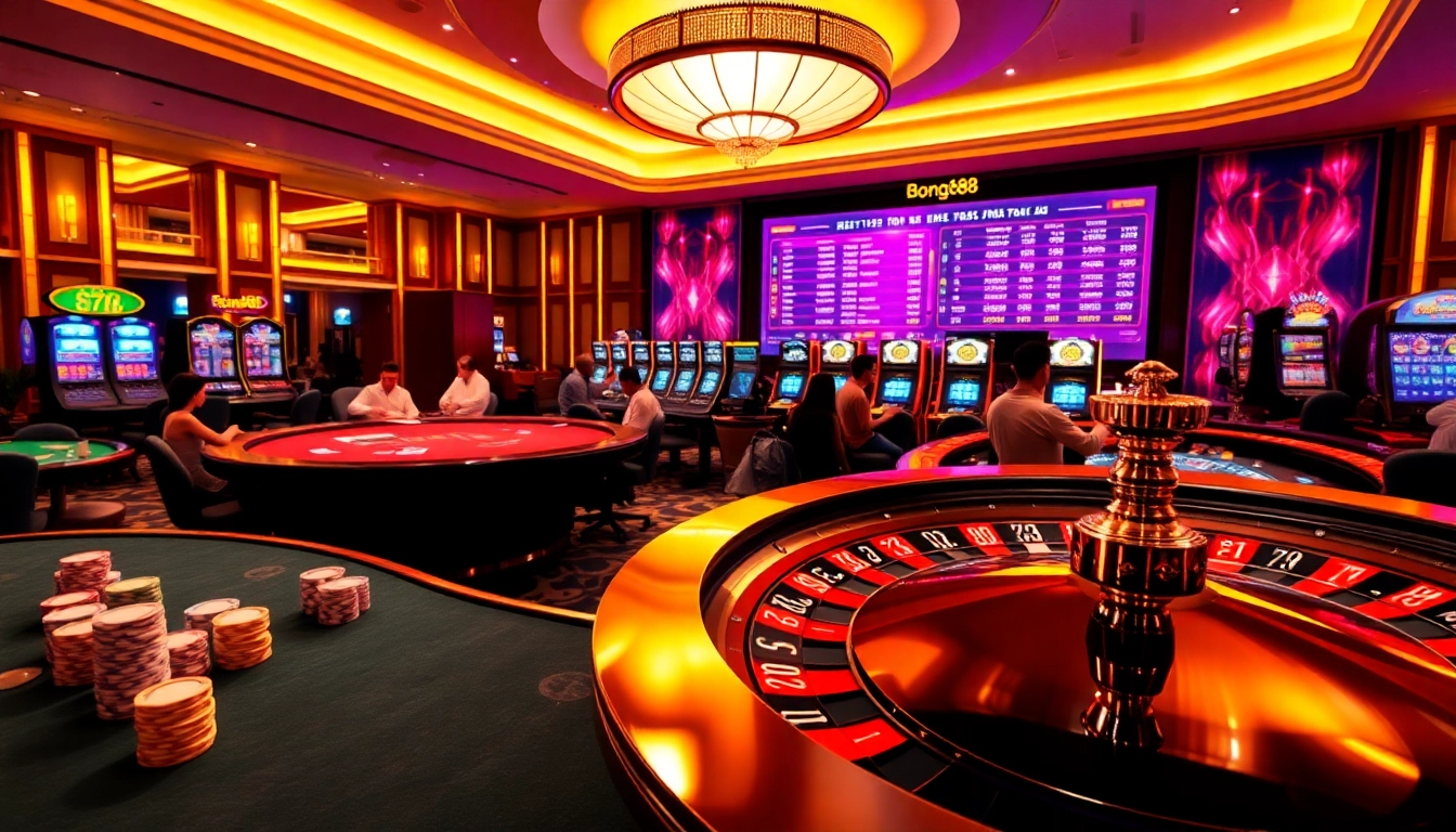 Experience the thrill of gaming at bong88.casa with vibrant casino tables and players engaging in exciting bets.
