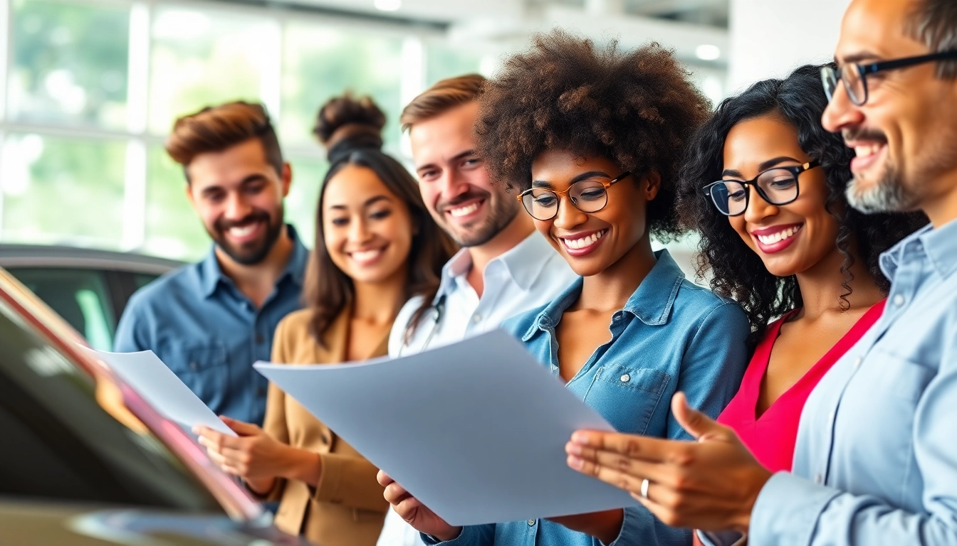 Auto protection plan discussion among satisfied customers in a dealership setting.