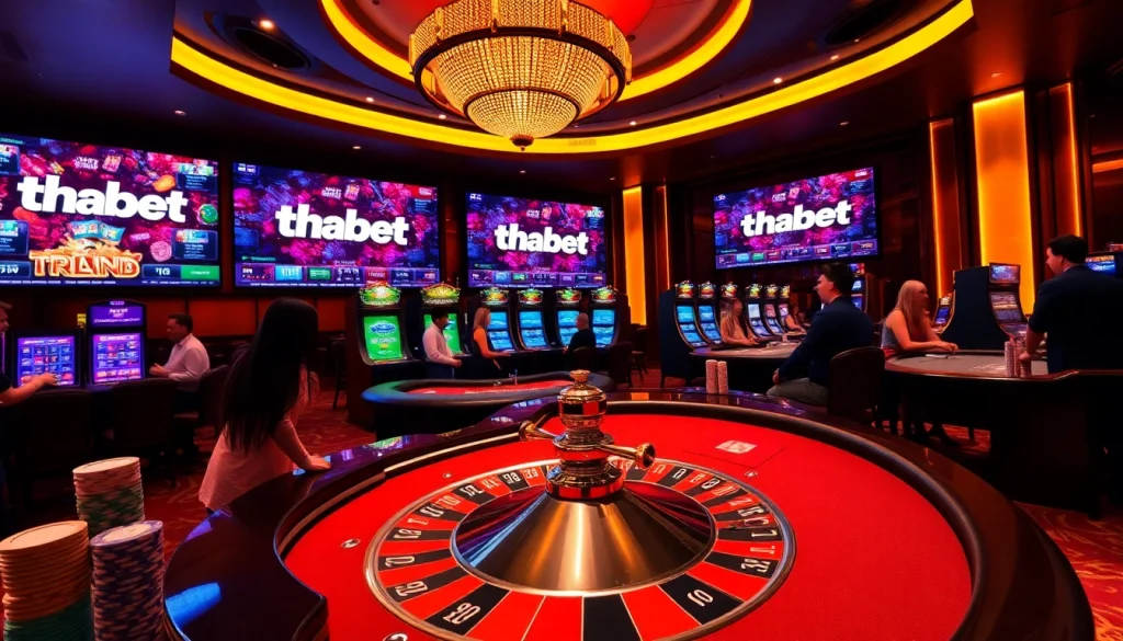 Thrilling scene at thabet casino showing players at a blackjack table with vibrant poker chips and roulette wheel.
