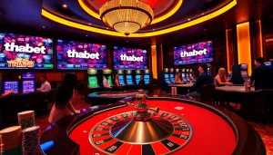 Thrilling scene at thabet casino showing players at a blackjack table with vibrant poker chips and roulette wheel.