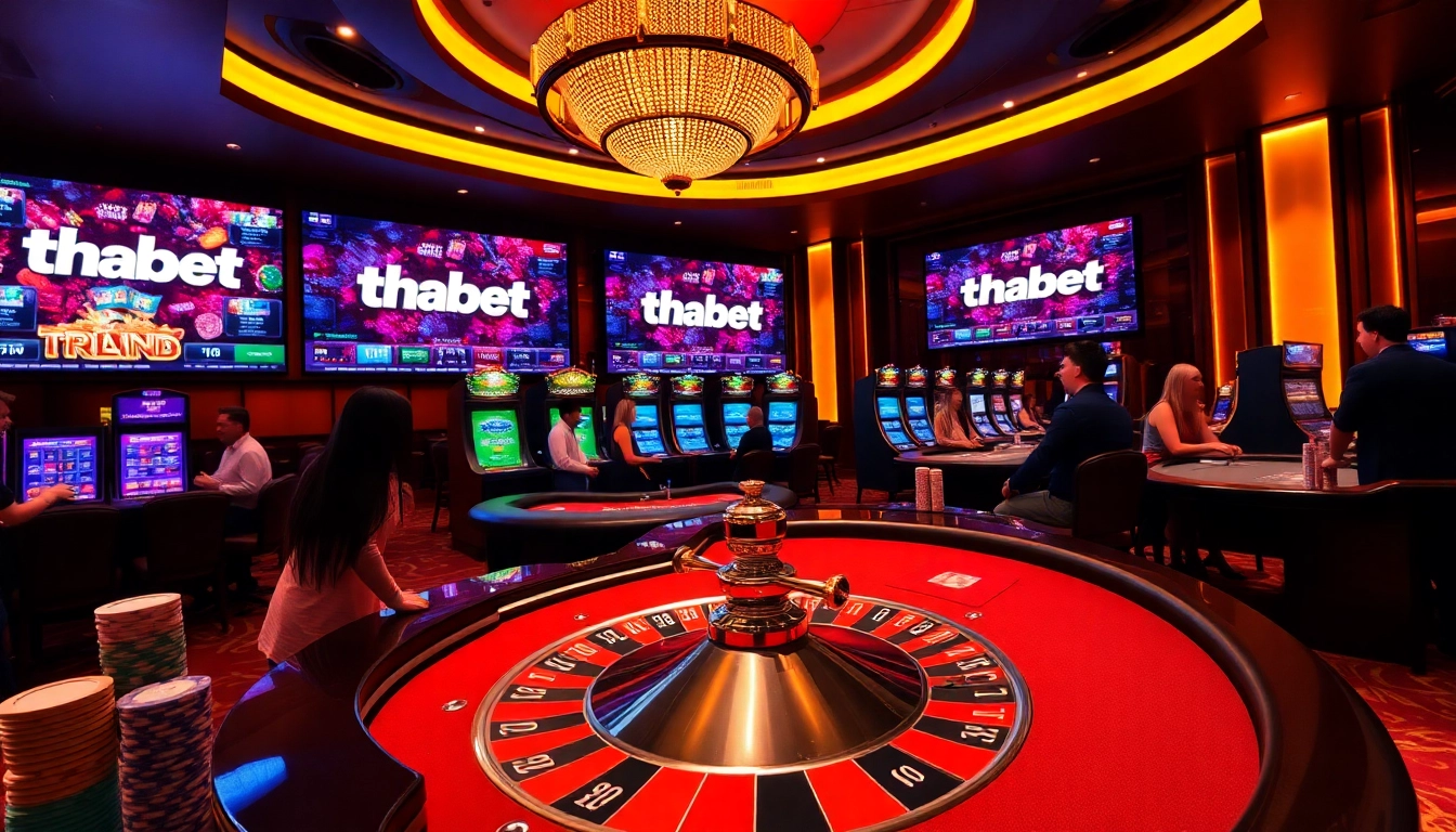 Thrilling scene at thabet casino showing players at a blackjack table with vibrant poker chips and roulette wheel.