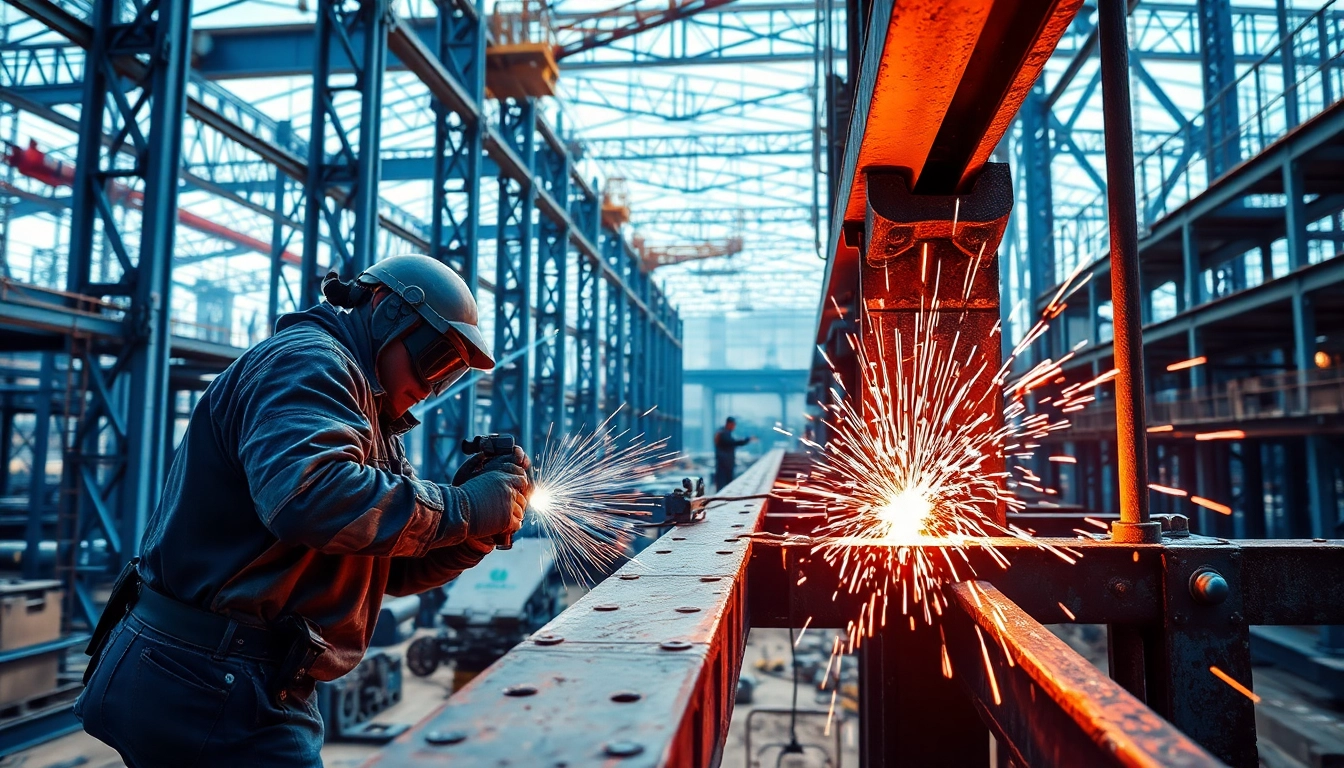 Skilled workers performing structural steel welding on a large framework at a construction site.