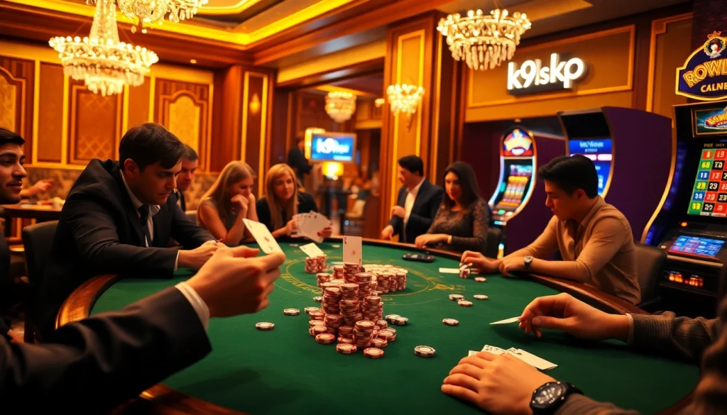 Experience the thrill of k9k9 gambling at an elegant casino table with poker chips and a roulette wheel.