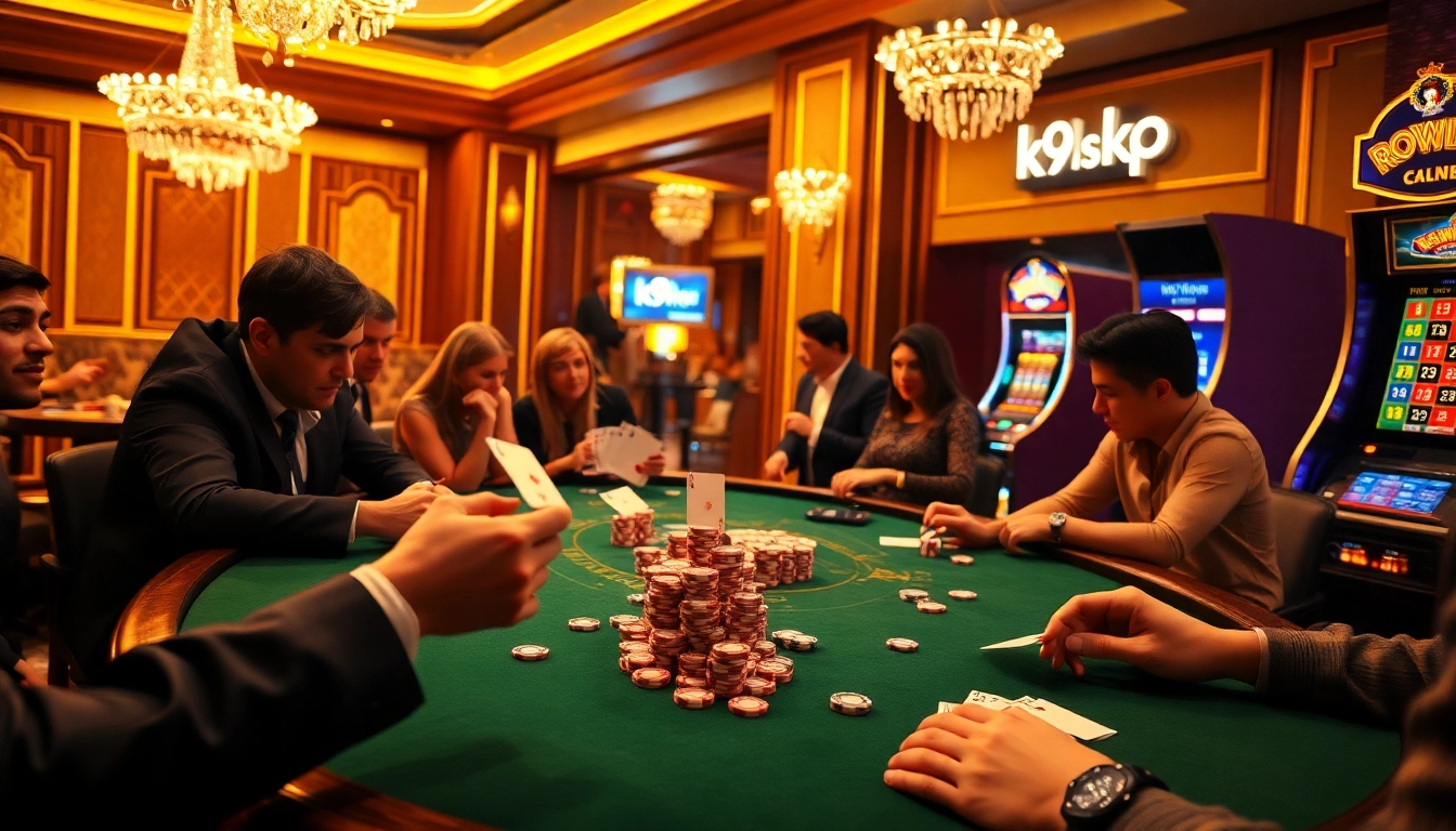 Experience the thrill of k9k9 gambling at an elegant casino table with poker chips and a roulette wheel.