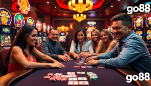 Engaged players at go88 experience vibrant poker action amidst dazzling slot machines.