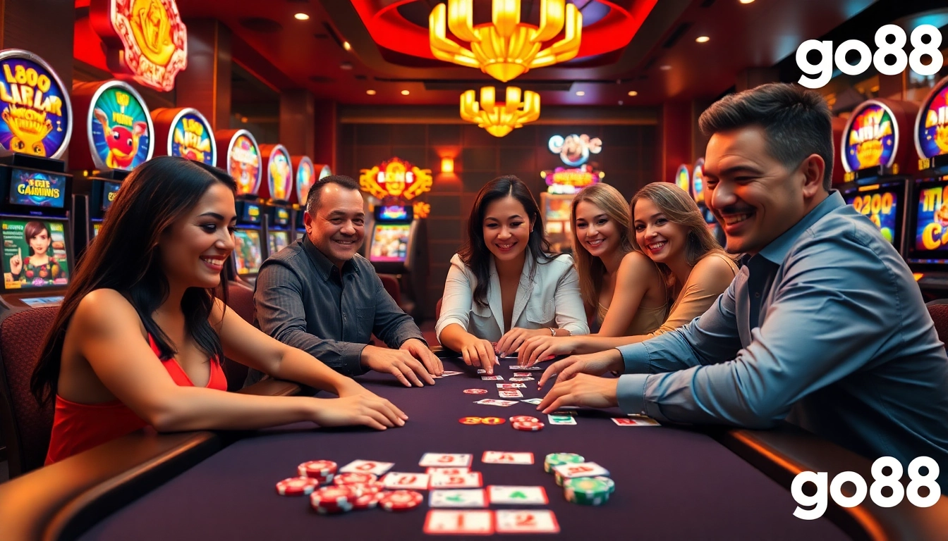Engaged players at go88 experience vibrant poker action amidst dazzling slot machines.