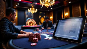 SBOBET players strategizing at a high-stakes poker table in a vibrant casino atmosphere.