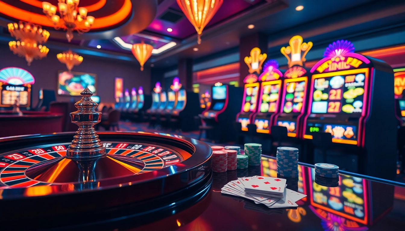 Experience the excitement of kerajaanslot with vibrant casino tables and elegant slot machines.