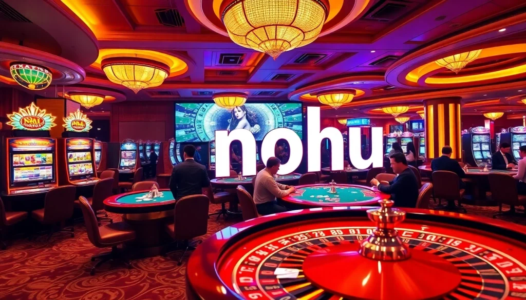 Experience excitement at the casino with nohu-themed tables, vibrant slot machines, and guests engaged in thrilling games.