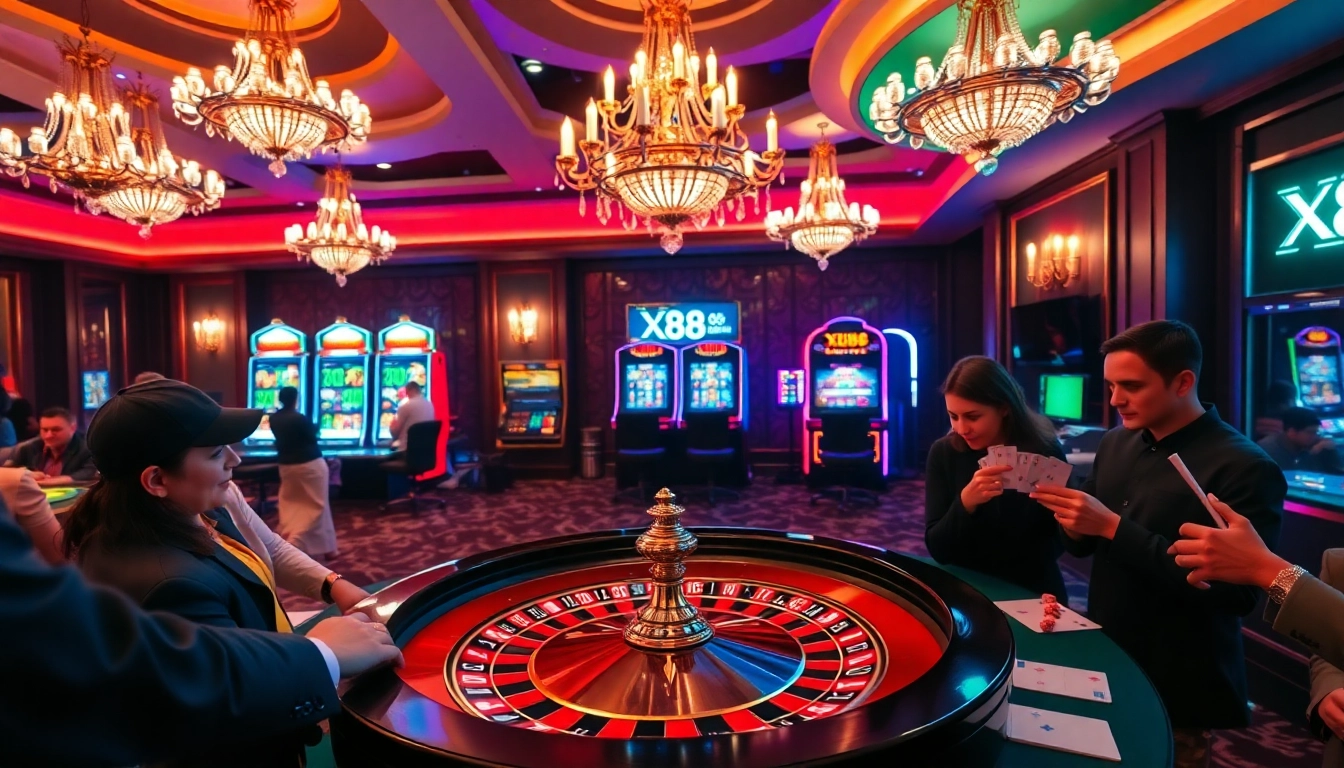 X88 gamers enjoying a thrilling round of roulette in an elegant casino setting.