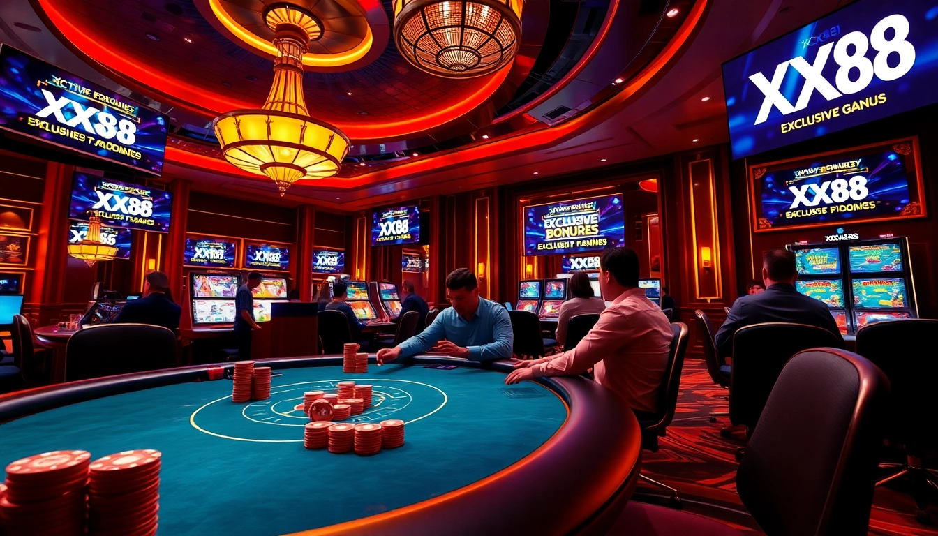 Players enjoying online gambling at XX88 casino with poker chips and vibrant virtual games.