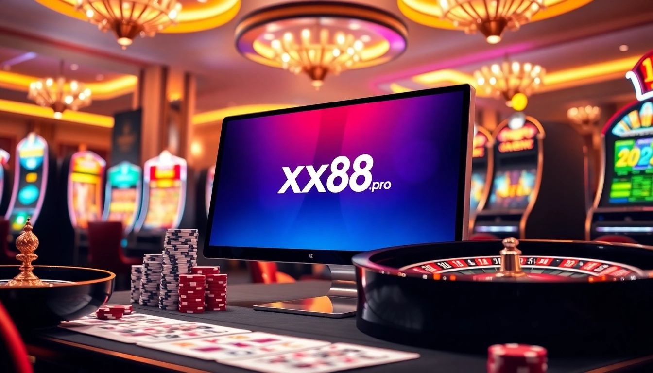 Experience thrilling gambling at https://xx88.pro/ with vibrant slot machines and poker chips.