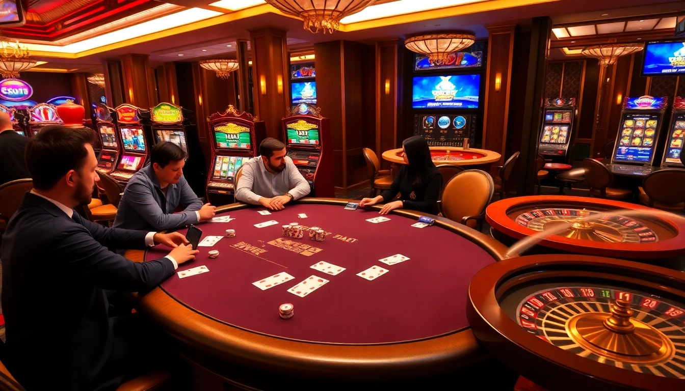 Players engaging in high-stakes poker at SOIBET's luxurious casino atmosphere, surrounded by vibrant slot machines.