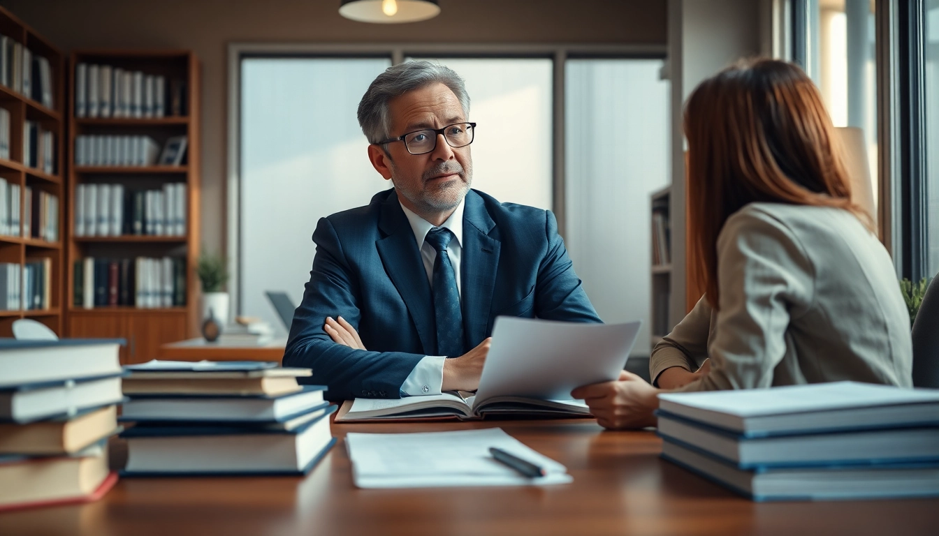Engaged intellectual property lawyer consulting with clients in a modern law office.