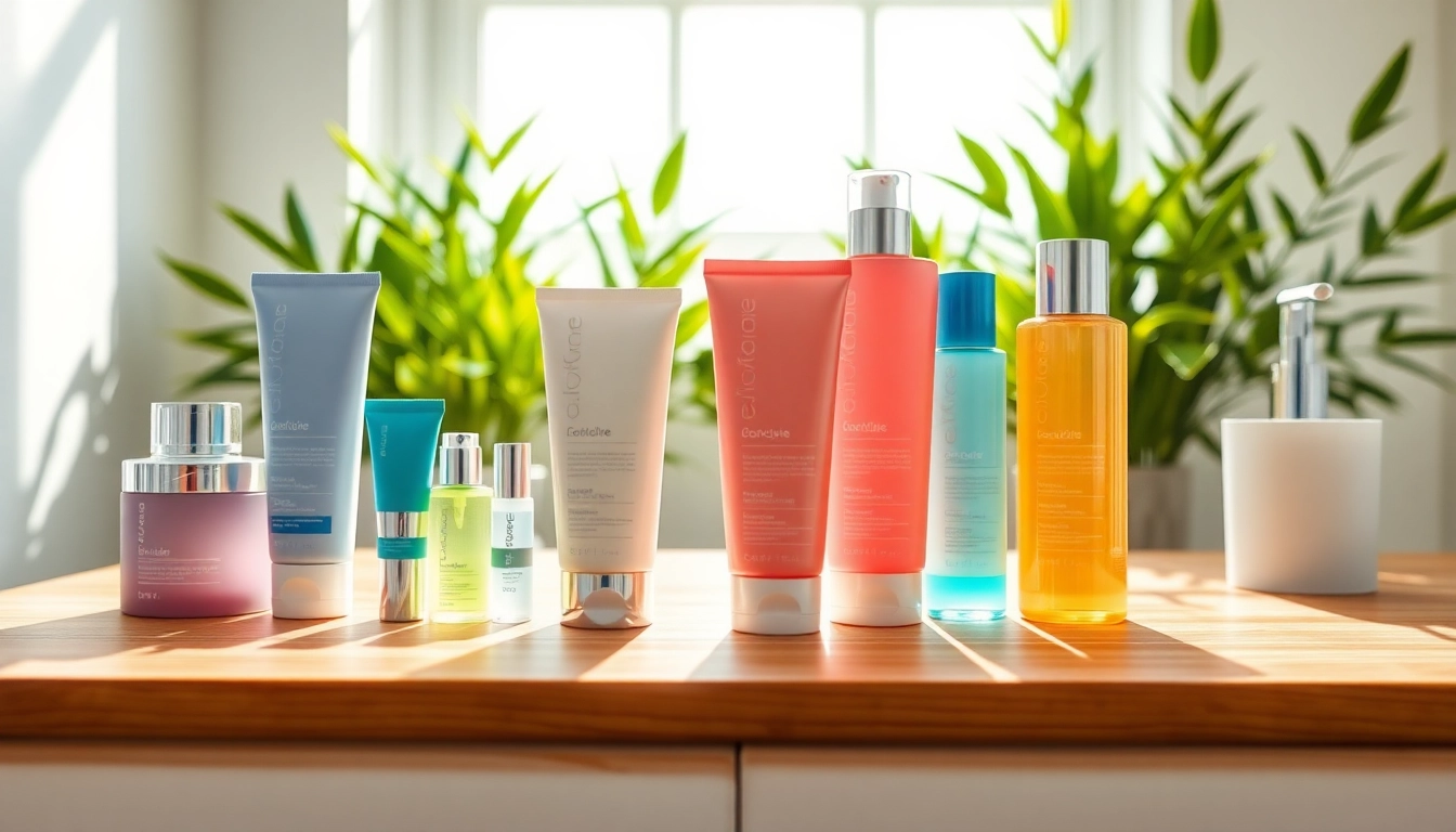 Kosmetika priemonės estetiškai išdėstytos šviesiame vonios kambaryje su natūraliu apšvietimu.