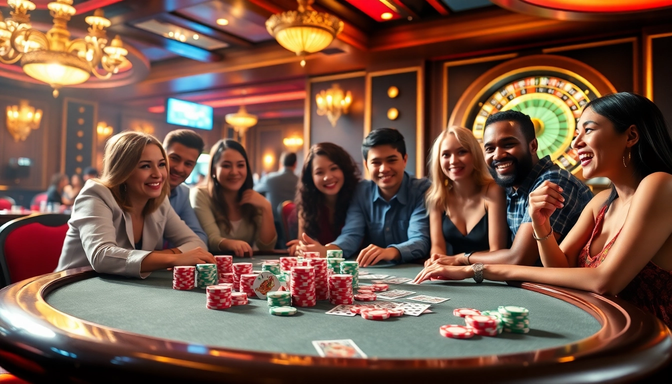 Exciting gambling scene showcasing players at a casino table with l444 theme elements.