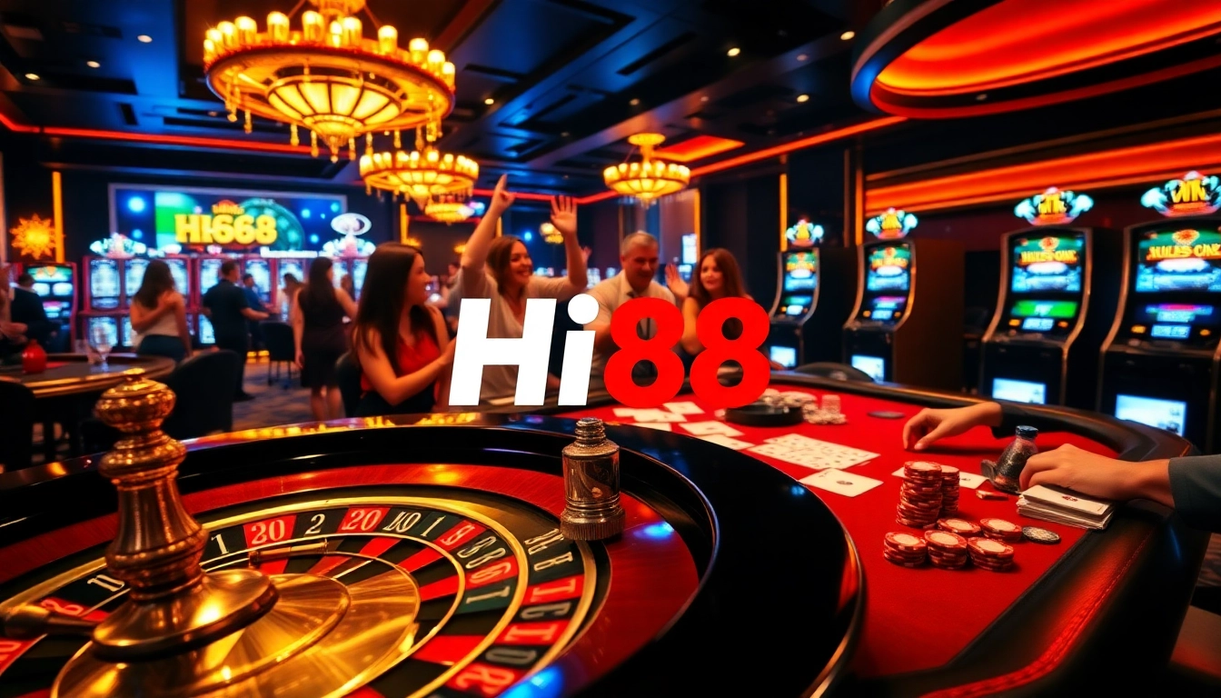Hi88 players enjoying an exciting game at a vibrant casino table with chips and cards.