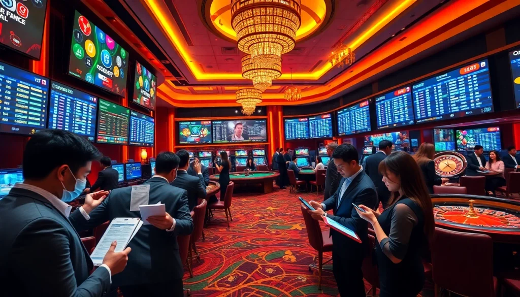 Engaged bettors analyzing sbobet odds and placing bets in a luxurious casino environment.