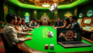 Engaging players at a luxurious poker table enhance their Luckywin experience with sophisticated casino vibes.