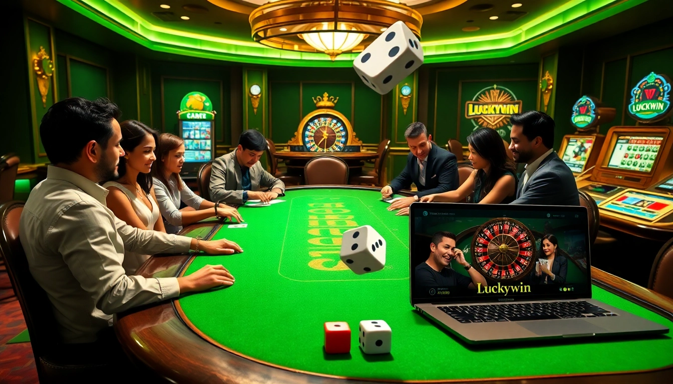 Engaging players at a luxurious poker table enhance their Luckywin experience with sophisticated casino vibes.