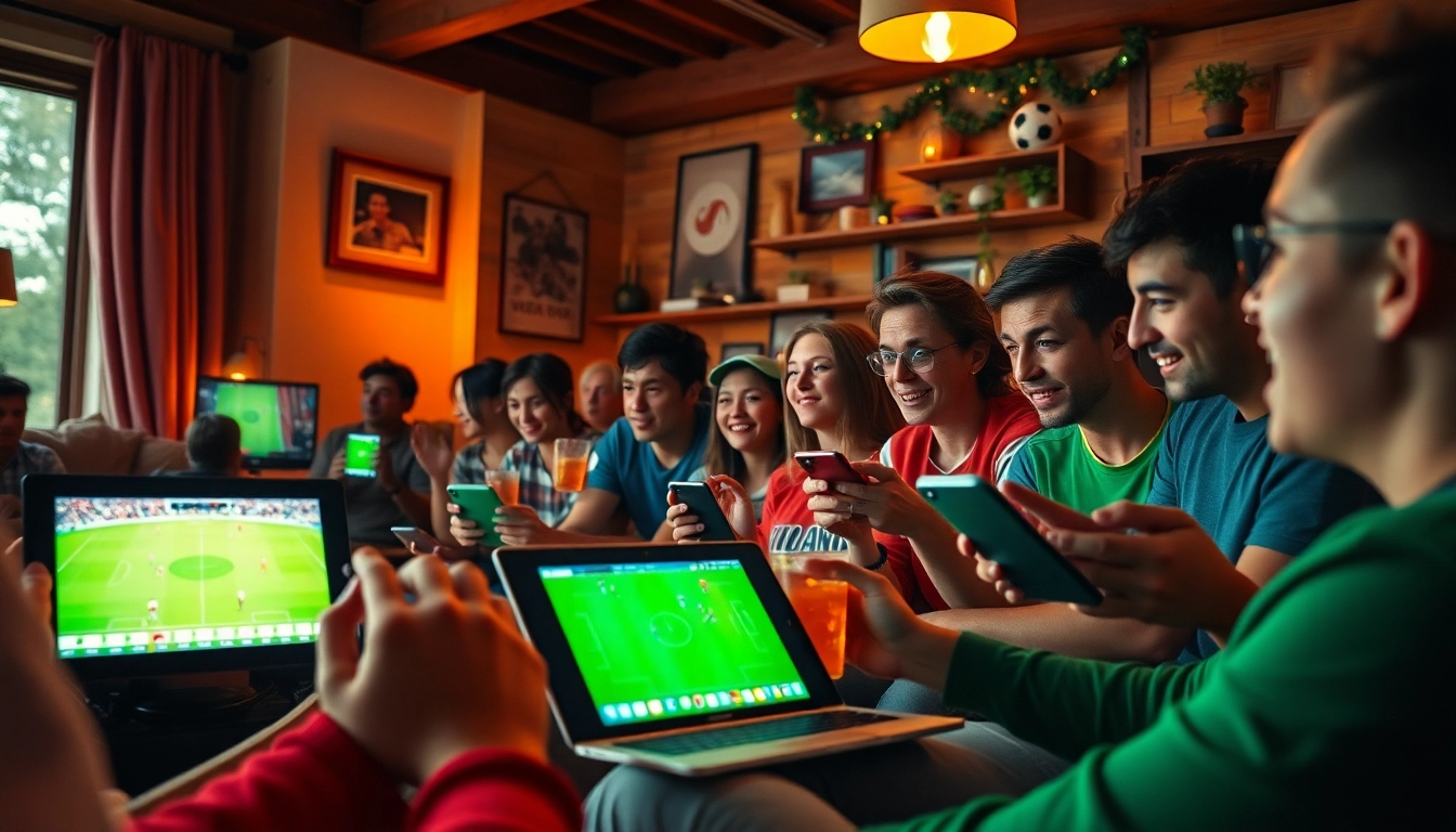 مشجعون يستمتعون بكورة لايف، يشاهدون مباراة كرة قدم حية مثيرة على أجهزتهم الرقمية.