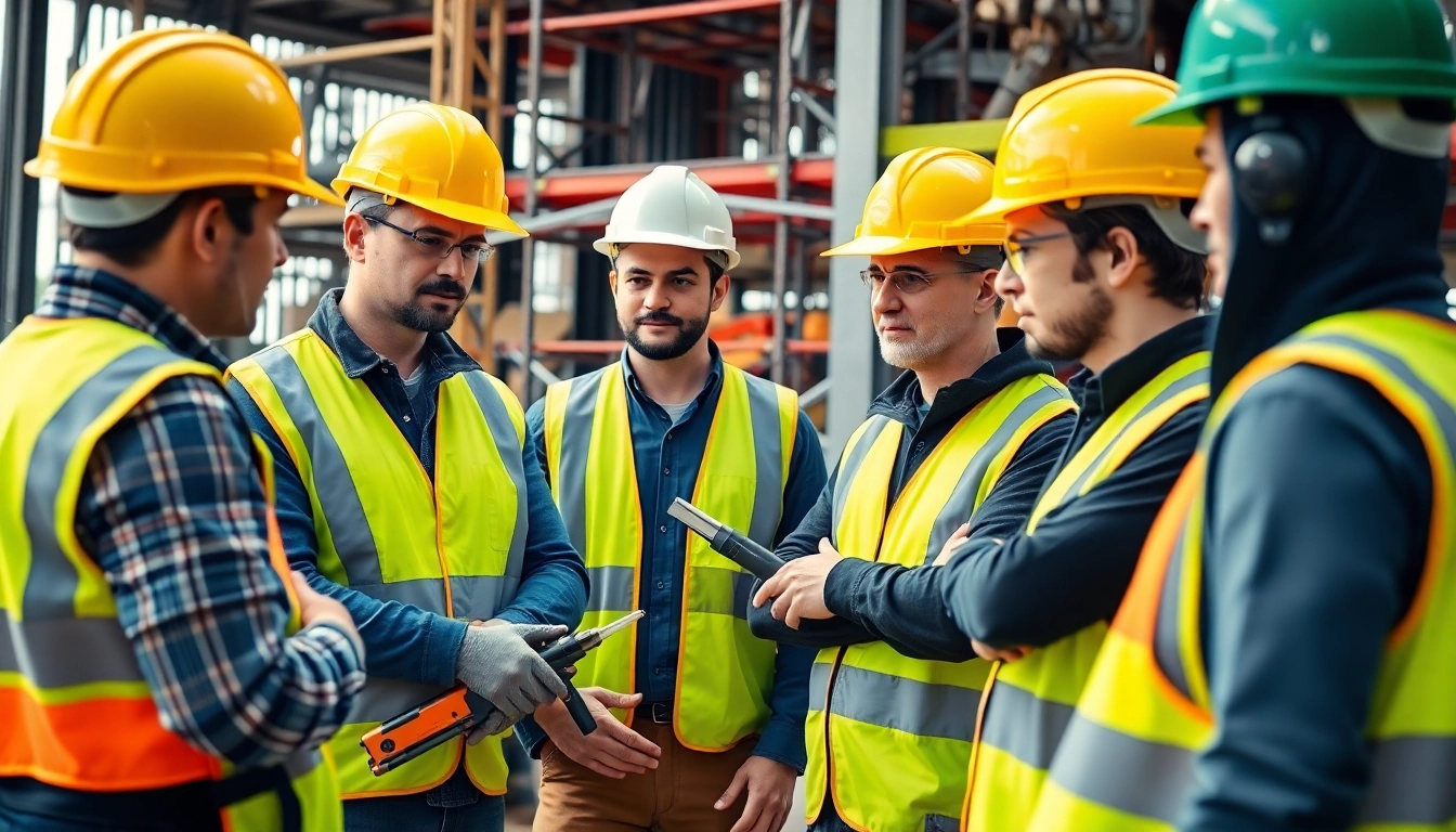 Engaged workers participating in construction safety training with safety gear on.