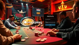 Engaging scene of players at a poker table while highlighting the onicplay login interface for online entertainment.