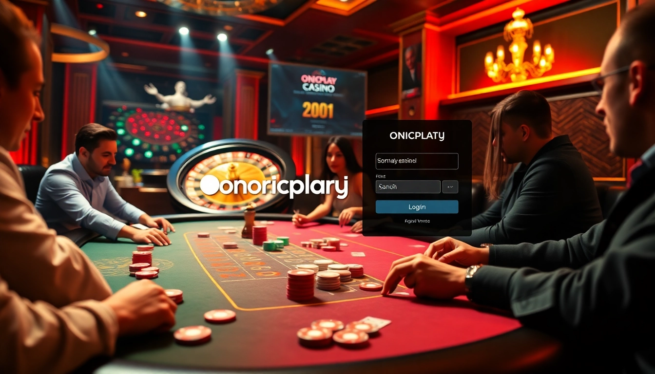 Engaging scene of players at a poker table while highlighting the onicplay login interface for online entertainment.