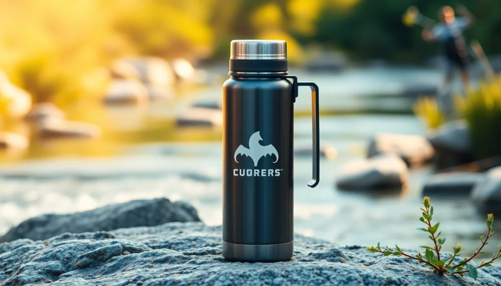 Termosai su logotipu elegantiškai pristatyti natūralioje lauko aplinkoje, demonstruojantys aukštą kokybę ir individualų įmonės įvaizdį.